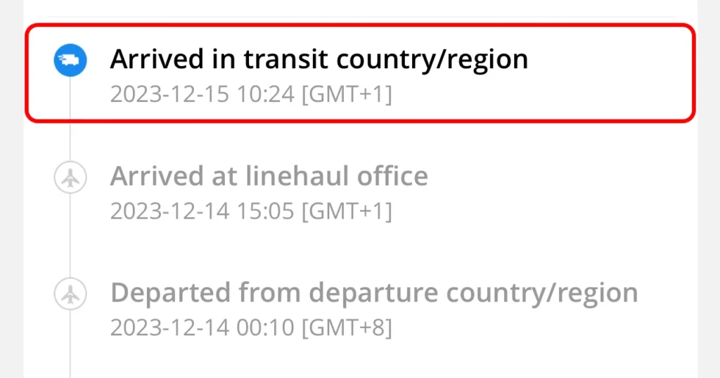 Arrived in transit country region on AliExpress