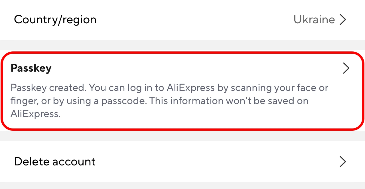Passkey Settings on AliExpress