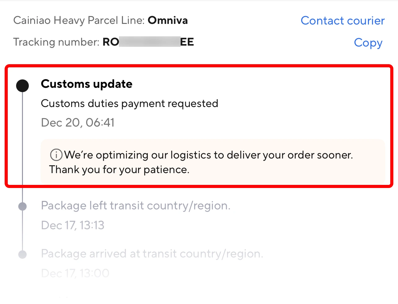 The «Customs duties payment requested» status in AliExpress tracking