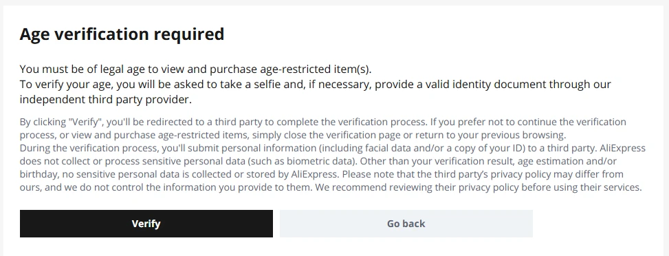 Identity verification procedure on AliExpress for access to sensitive categories
