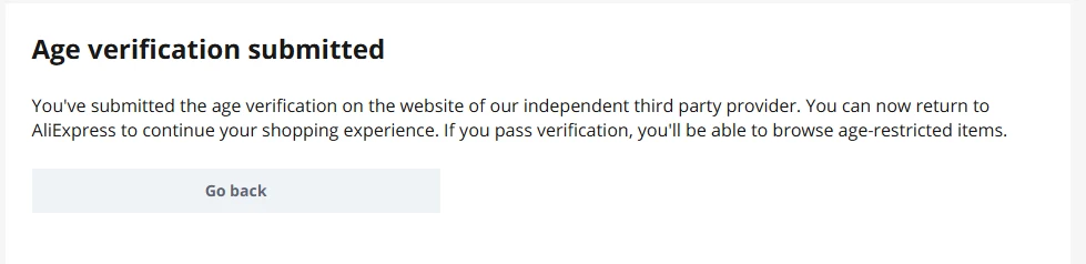Successful data submission status on AliExpress