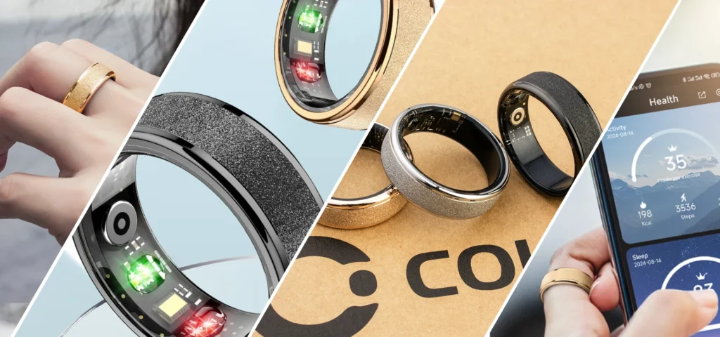COLMI R10 smart ring from AliExpress: design overview, health sensors, and mobile app interface.
